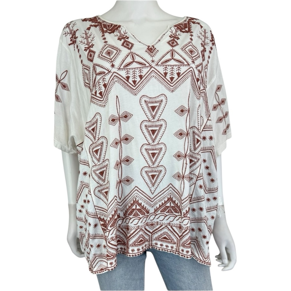Johnny Was Cream and Brown Geometric Blouse